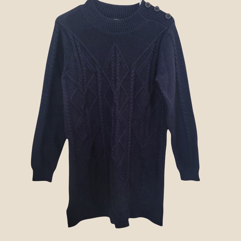 WoolOvers Navy Blue 100% Pure Wool Cable Knit Button Shoulder Tunic Sweater MED